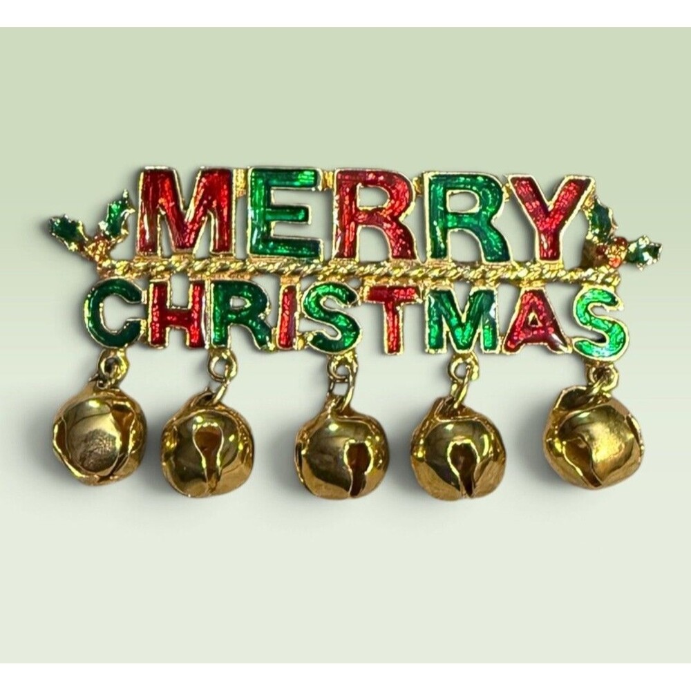 Vintage Merry Christmas Jingle Bell Brooch Pin Gold Tone Red Green Enamel